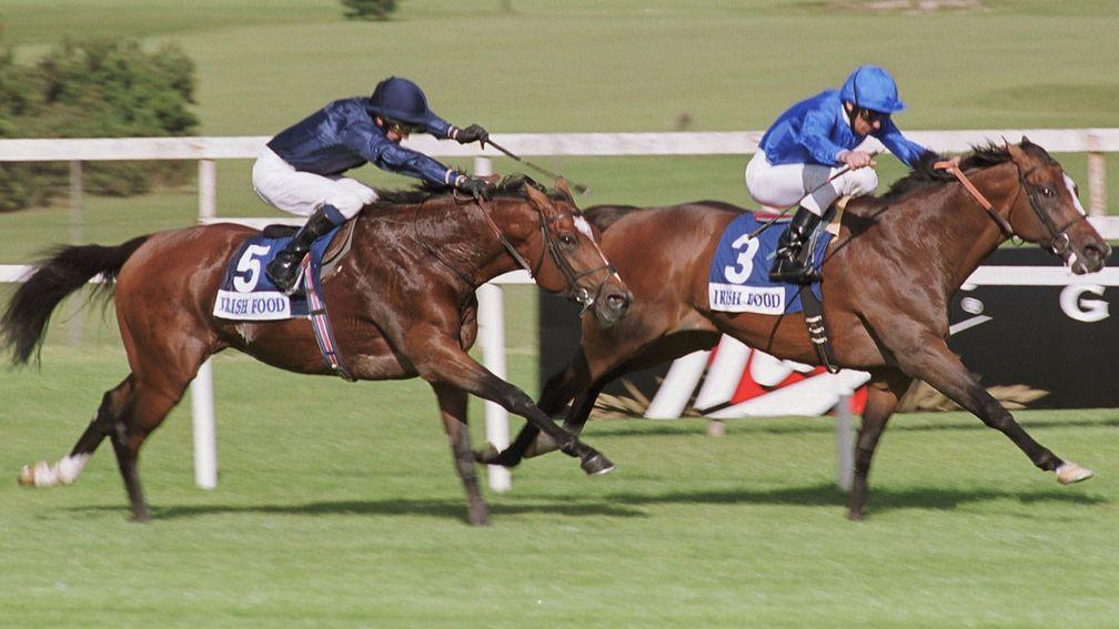 Fantastic Light (leading) denies Galileo in a thrilling Irish Champion Stakes