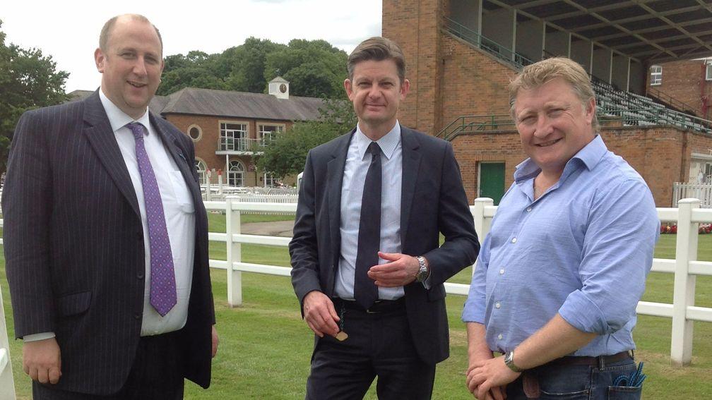 BHA head of raceday operations Brant Dunshea (centre) with BHA chief executive Nick Rust (left) and clerk of the course James Sanderson at Thirsk, which will be remeasured with the rest of Britain's Flat courses