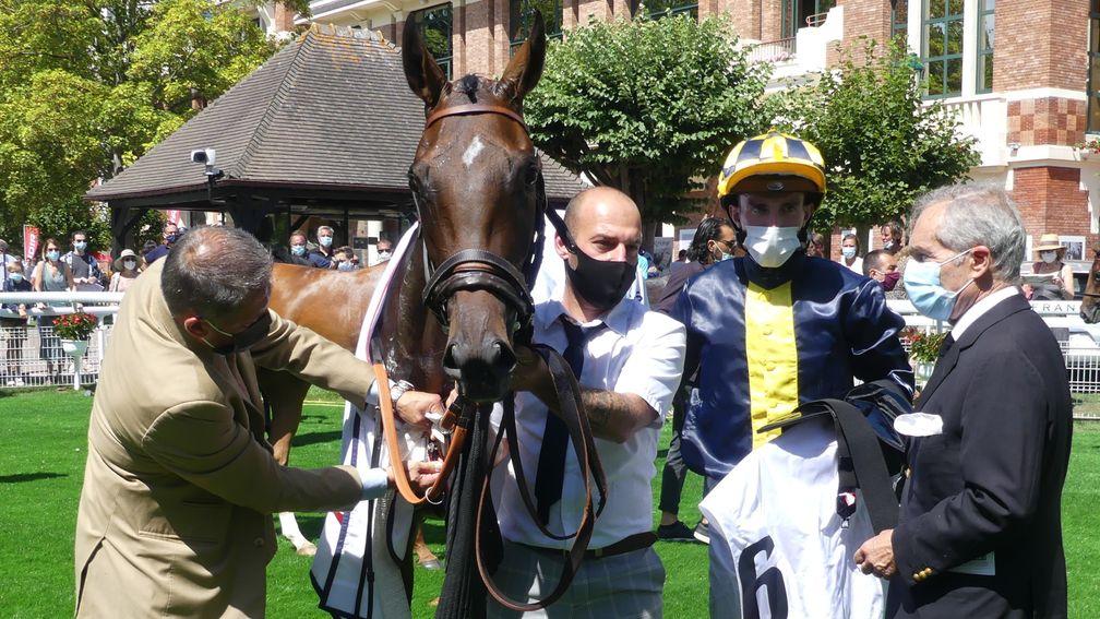 See The Rose with Pierre-Charles Boudot and Andre Fabre after winning the Prix Six Perfections at Deauville
