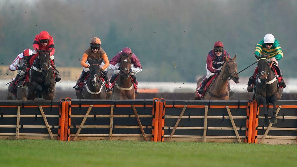 Epatante (right) clears the last in front in the Intermediate Hurdle at Newbury last month