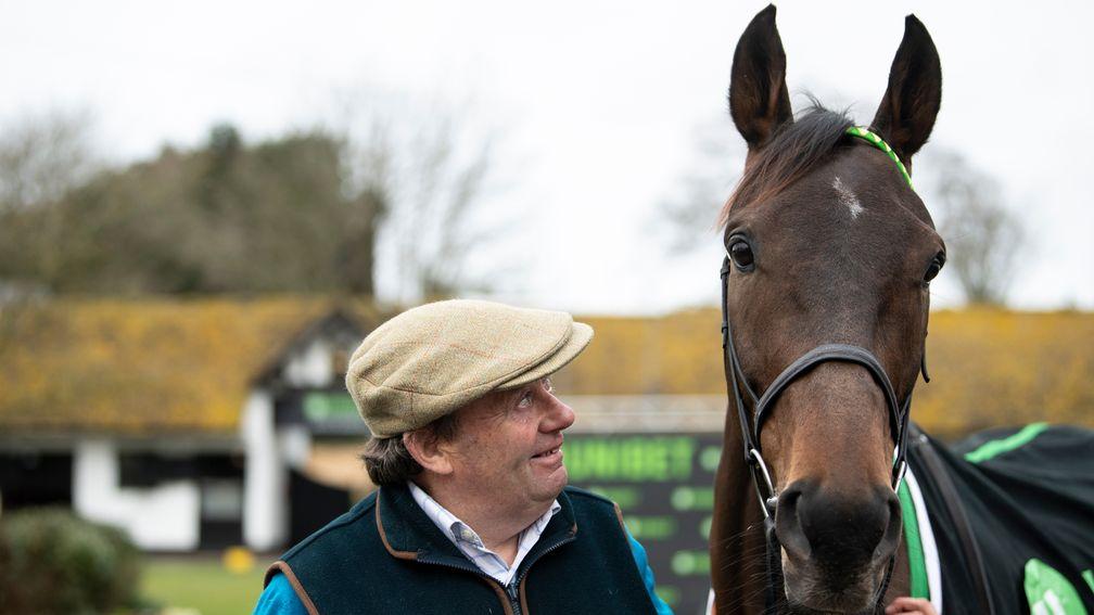 Champion Hurdler Buveur DâAir with trainer Nicky Henderson at Seven Barrows in Lambourn 18.2.19 Pic: Edward Whitaker