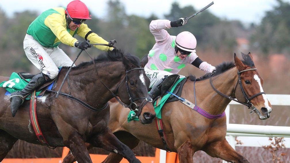 Leopardstown Sat 3 February 2018  Picture: Caroline NorrisSupasundae ridden by Robert Power, left, winner, and Faugheen ridden by Paul Townend, 2nd, right, racing away from the last in The BHP INsurance Irish Champion Hurdle