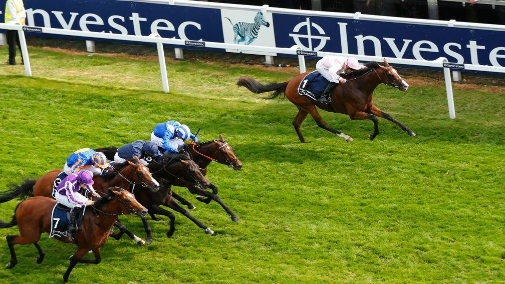 Anthony Van Dyck (right) got the better of Madhmoon (second right) in an epic finish to the Derby