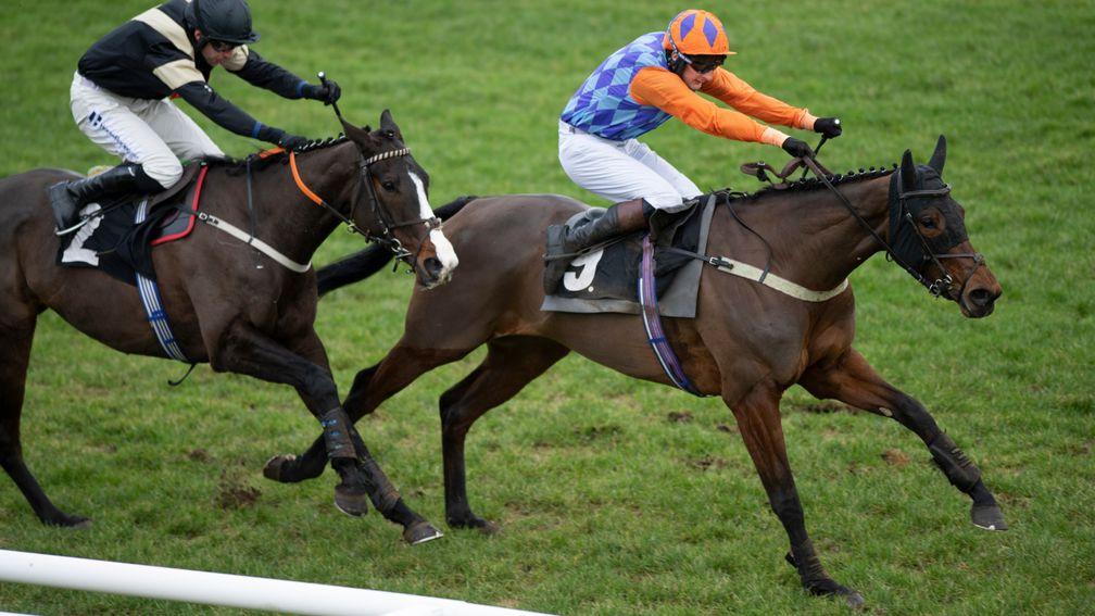 Brown Bullet (James Best,right) runs on from the final flight and beats Bay Of Intrigue (Jeremiah McGrath) in the 2m novices hurdlePlumpton 3.1.21 Pic: Edward Whitaker/Racing Post