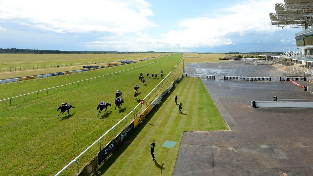 NEWMARKET, ENGLAND - JUNE 06: A general view of empty stands as Kameko (L) ridden Oisin Murphy wins the Qipco 2000 Guineas Stakesat Newmarket Racecourse on June 06, 2020 in Newmarket, England. (Photo by Edward Whitaker/Pool via Getty Images)