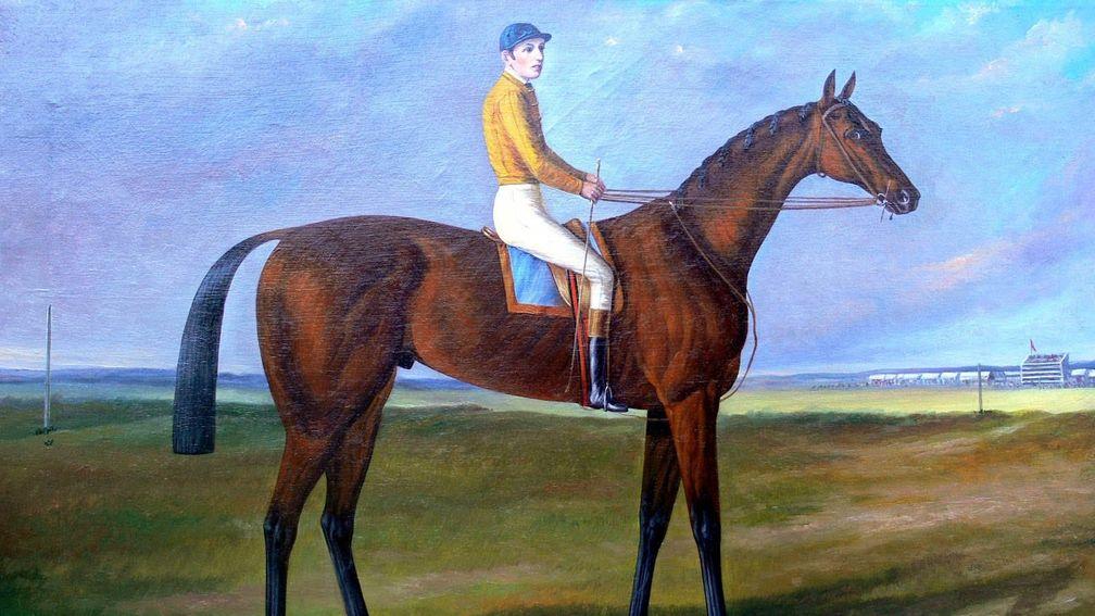 A portrait of Fred Archer on the unbeaten Ormonde at Newmarket