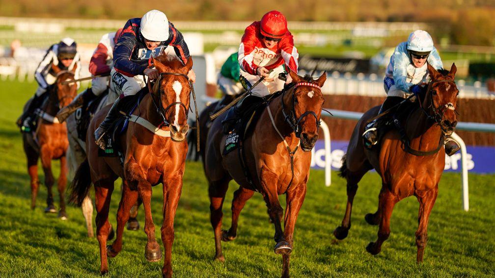CHELTENHAM, ENGLAND - DECEMBER 12: Aidan Coleman riding Song For Someone (L, white cap) win The Unibet International Hurdle at Cheltenham Racecourse on December 12, 2020 in Cheltenham, England. Owners and a limited number of the public are allowed to atte