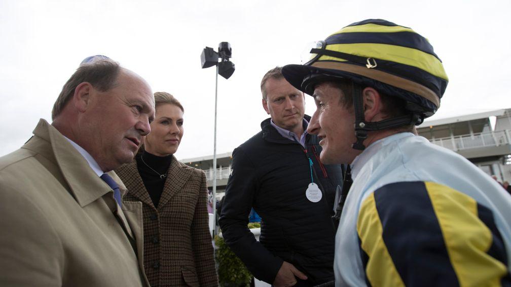 Shane Foley with trainer Michael Halford (left) after Irishcorrespondent's win at the Curragh
