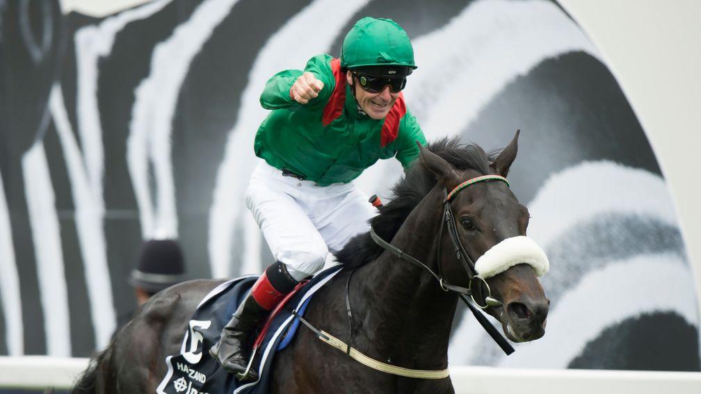 Pat Smullen celebrates winning the Derby on Harzand, a relation to Hazapour
