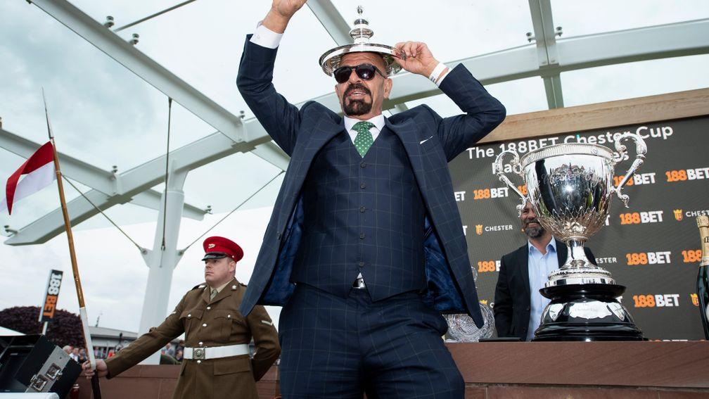 Marwan Koukash celebrates Magic Circle giving him his fourth win in the Chester Cup in May