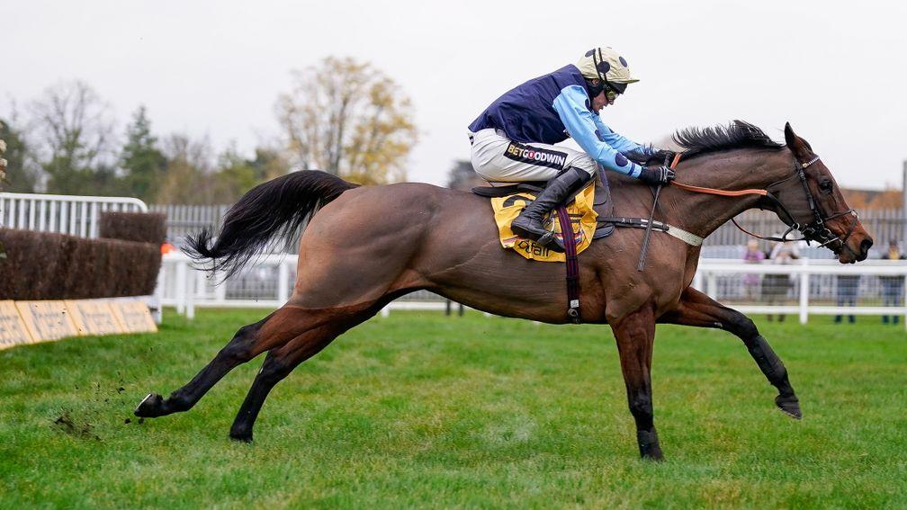 ESHER, ENGLAND - DECEMBER 03: Tom Cannon riding Edwardstone clear the last to win The Betfair Tingle Creek Chase at Sandown Park Racecourse on December 03, 2022 in Esher, England. (Photo by Alan Crowhurst/Getty Images)