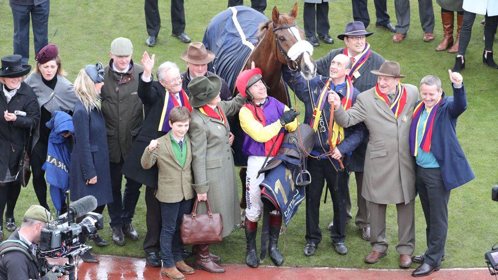 Richard Johnson, Colin Tizzard and the Brocade Racing team with Native River after a heroic Gold Cup win