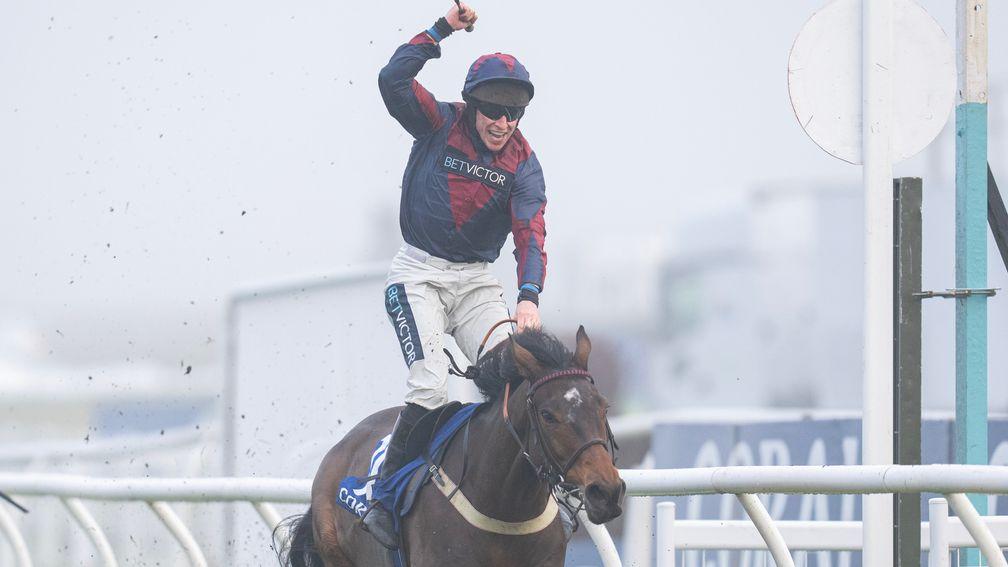 Gavin Sheehan celebrates after Datsalrightgino wins the Coral Gold Cup