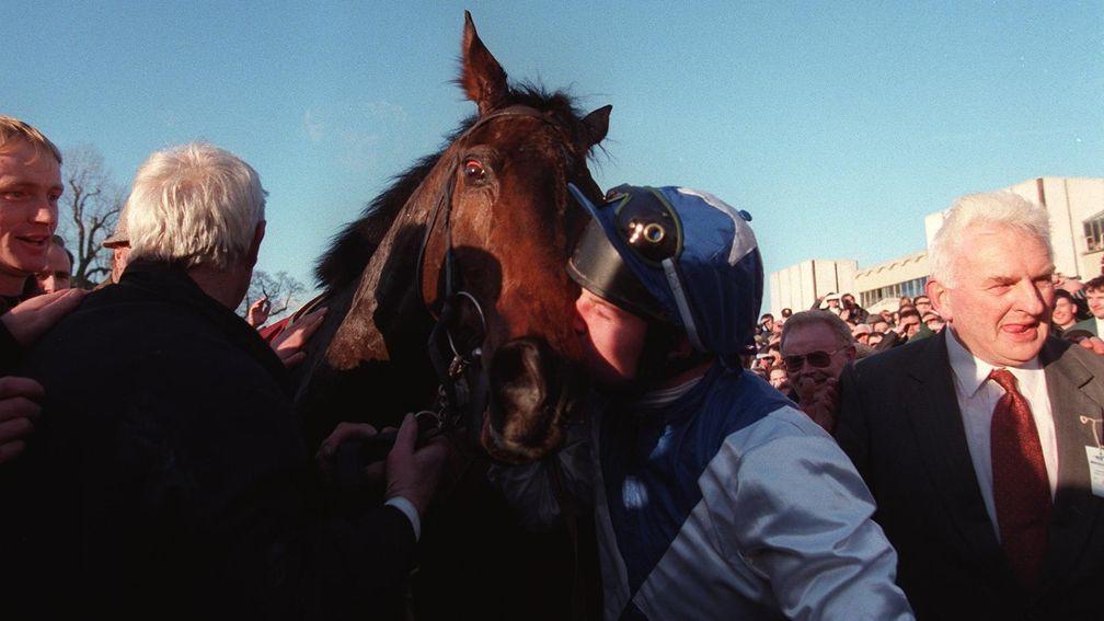 Danoli is kissed by rider Tommy Treacy after winning in 1997