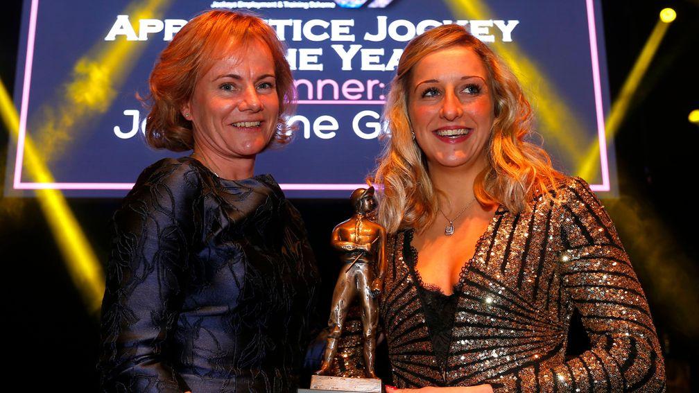 Lisa Delany presenting Josephine Gordon with Apprentice Jockey of the Year at the Lesters
