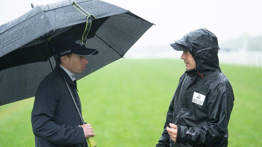 Ryan Moore and Chris Stickels talk about the conditionsAscot 18.6.21 Pic: Edward Whitaker