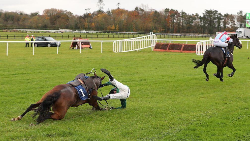 Footpad and Ruby Walsh falling at the last fence in The Poplar Square Chase at Naas last motnh