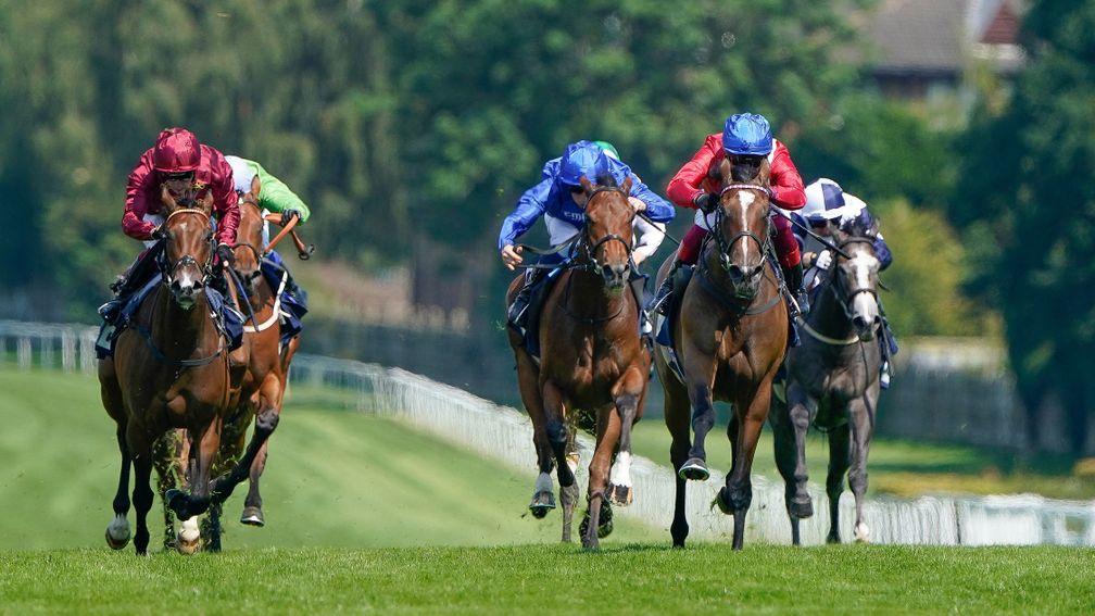 Inspiral (red sleeves, blue cap) comes clear of the field in the Listed Star Stakes