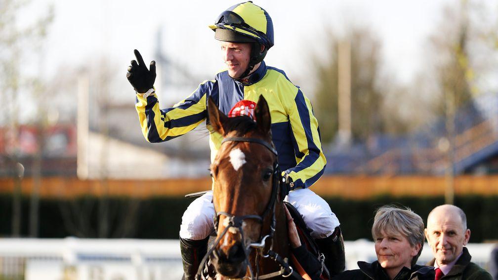 Noel Fehily acknowledges the crowd after winning his last race before retirement on Get In The Queue