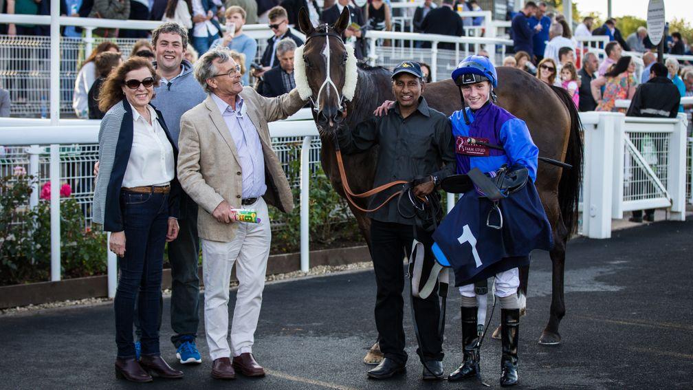 Jan (left) and Ken (third left) Arrowsmith with Taws after winning at Chepstow in August 2017