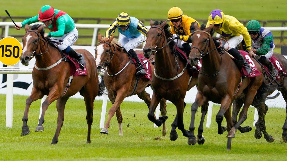 KILDARE, IRELAND - JUNE 26: Billy Lee riding La Petite Coco (L, green) win The Alwasmiyah Pretty Polly Stakes at Curragh Racecourse on June 26, 2022 in Kildare, Ireland. (Photo by Alan Crowhurst/Getty Images)