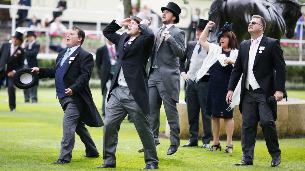 The Cool Silk Partnership members cheer on their Royal Ascot winner Prince Of Lir in the 2016 Norfolk Stakes