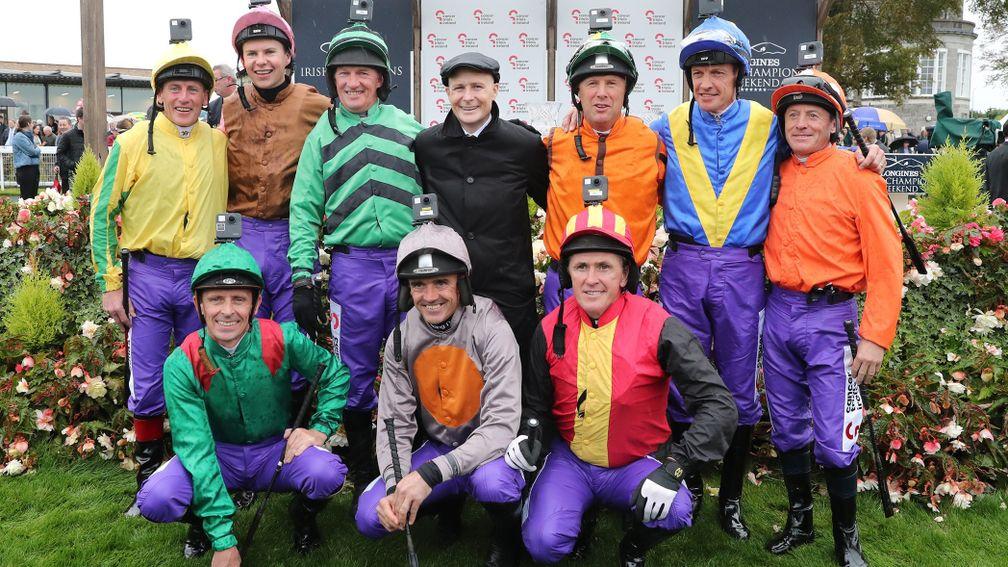 Curragh Sun 15 September 2019Champions Johnny Murtagh, Joseph OâBrien, Paul Carberry, Pat Smullen, Charlie Swan, Richard Hughes and Kieren Fallon with Ted Durcan, Ruby Walh and Anthony McCoy kneeling before The Pat Smullen Champions Race For Cancer Tria