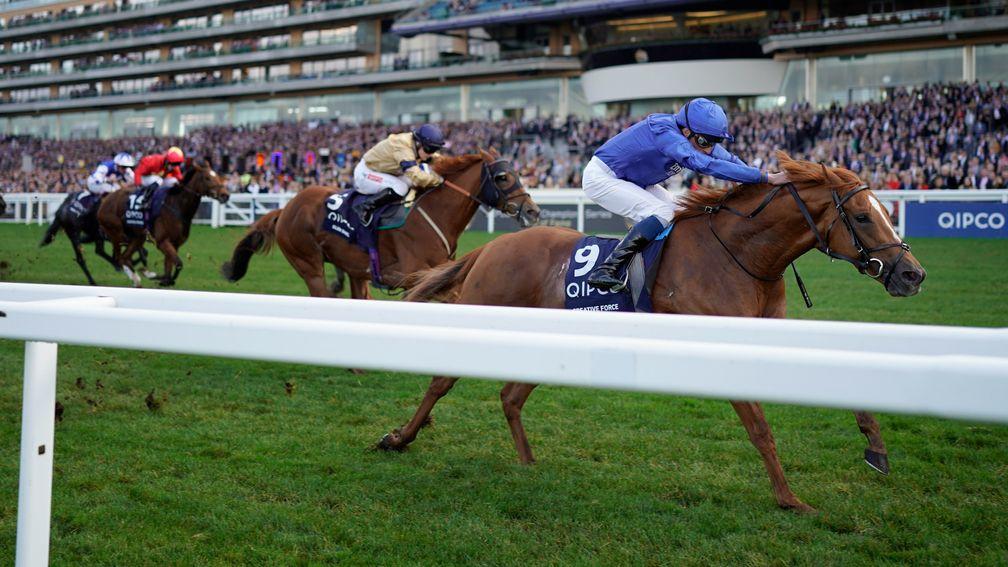 Creative Force (blue) goes clear of Glen Shiel (navy blue cap) to land the Champions Sprint