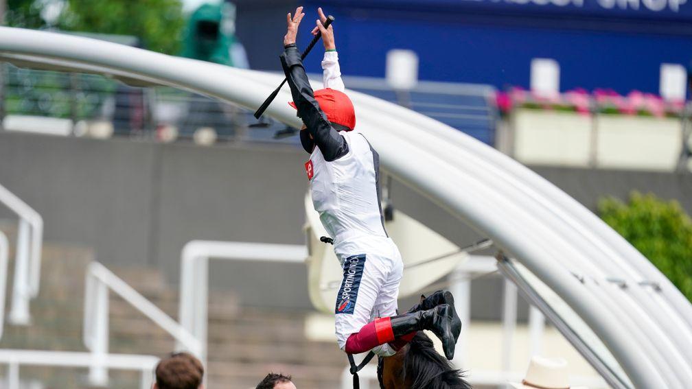 Frankie Dettori performs his trademark flying dismount after winning the Ribblesdale Stakes with Frankly Darling at Royal Ascot