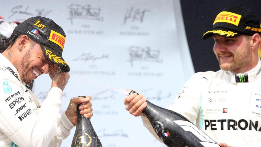 Mercedes drivers Lewis Hamilton (left) and Valtteri Bottas celebrated another 1-2 finish