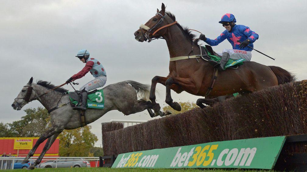 Jonathan Moore is confident of confirming superiority over Cue Card in the Betfair Chase aboard Irish Cavalier (left)