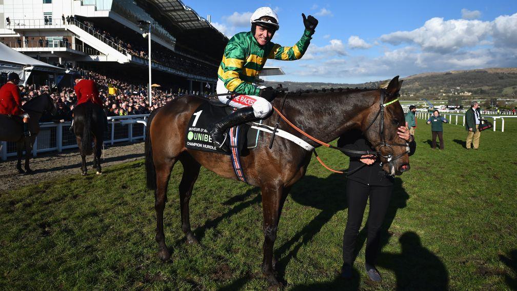 Barry Geraghty celebrates after winning the 2018 Champion Hurdle at Cheltenham on Buveur D'Air