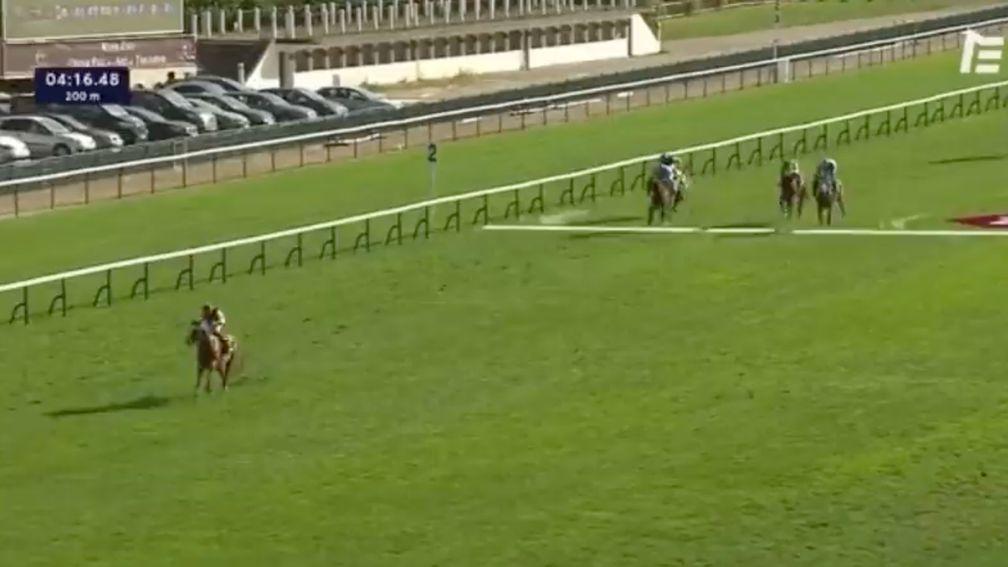 Kyprios starts to edge towards the centre of the track under Ryan Moore