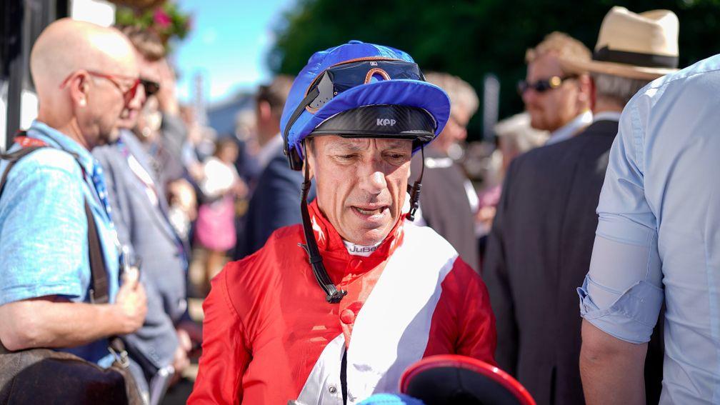 NEWMARKET, ENGLAND - JULY 08: Frankie Dettori after riding Inspiral to finish in second place in The Tattersalls Falmouth Stakes at Newmarket Racecourse on July 08, 2022 in Newmarket, England. (Photo by Alan Crowhurst/Getty Images)