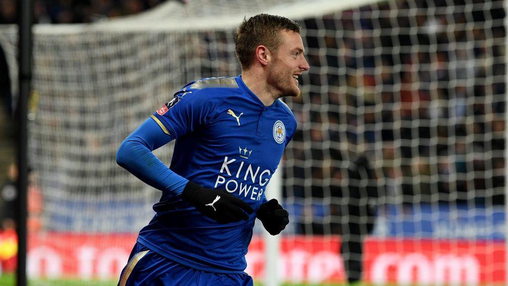 Leicester's Jamie Vardy celebrates his goal against Sheffield United