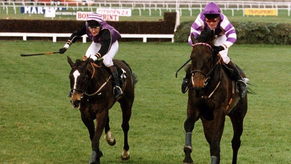 Party Politics (right) wins the 1992 Grand National