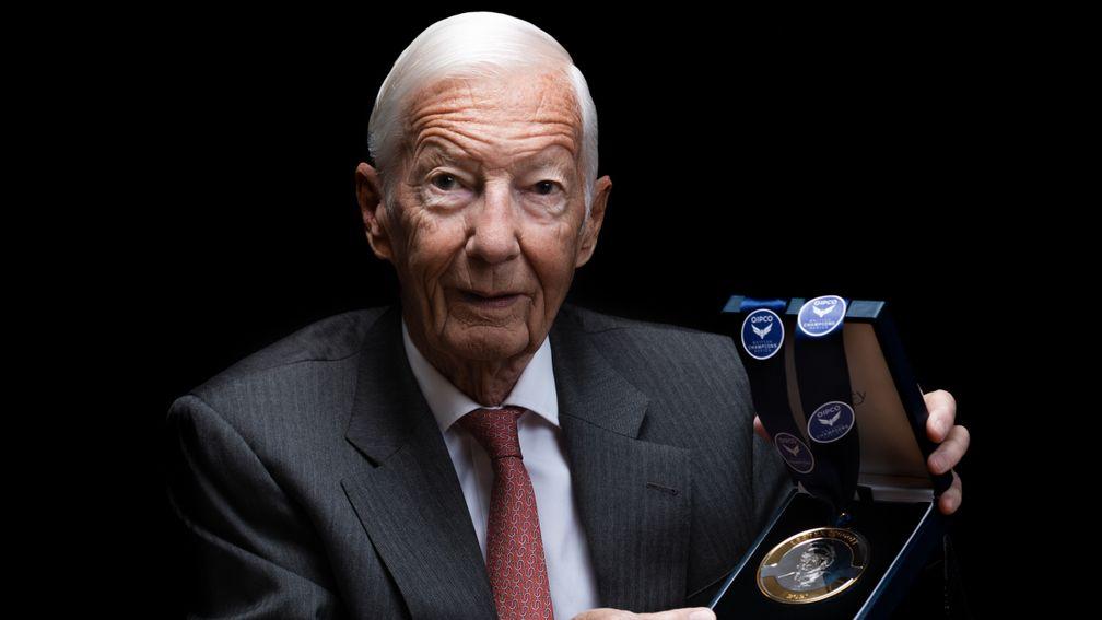 Lester Piggott poses with the medal marking his induction to the Qipco British Champions Series Hall of Fame