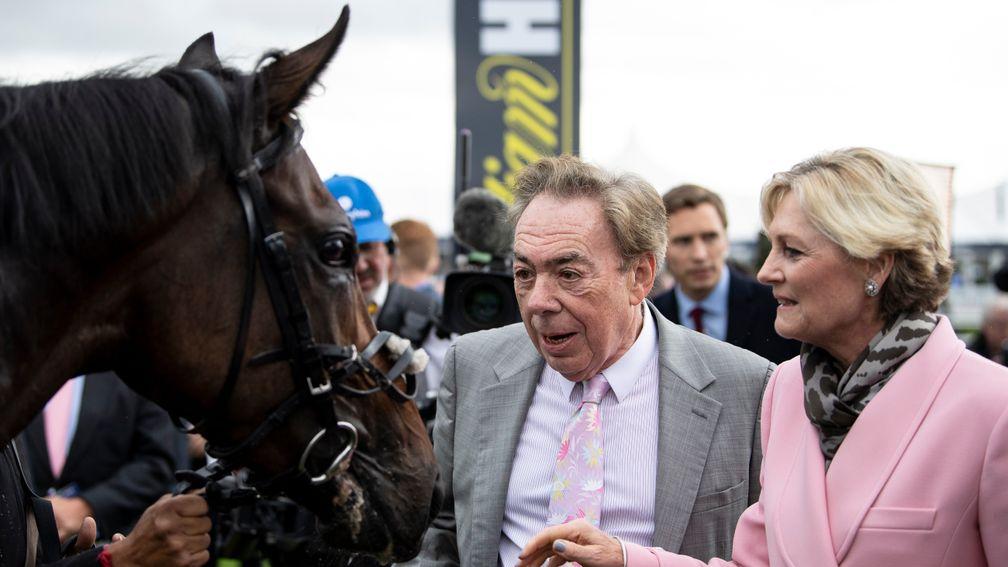 Lord and Lady Lloyd Webber with Too Darn Hot after the Champagne Stakes