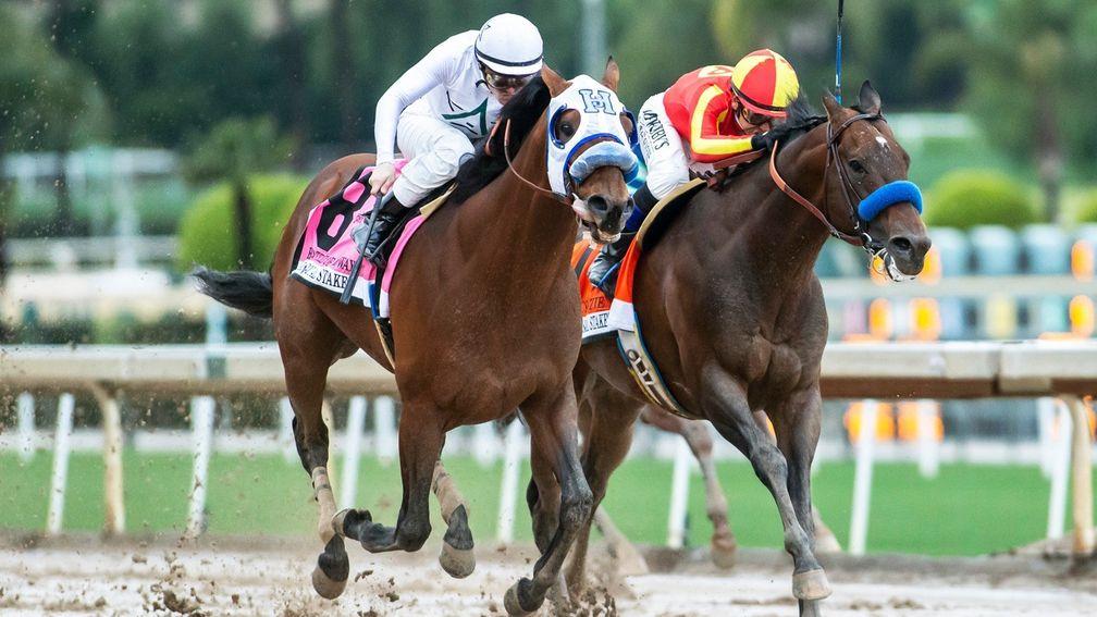 Battle of Midway (left) edged past McKinzie in the San Pasqual Stakes
