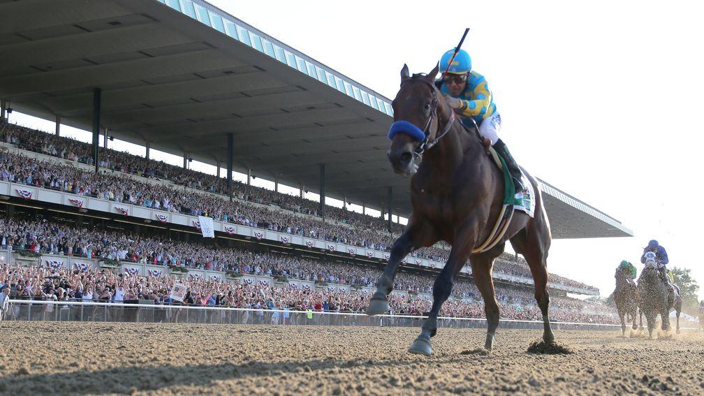 American Pharoah: On his way to winning the Belmont Stakes in 2015