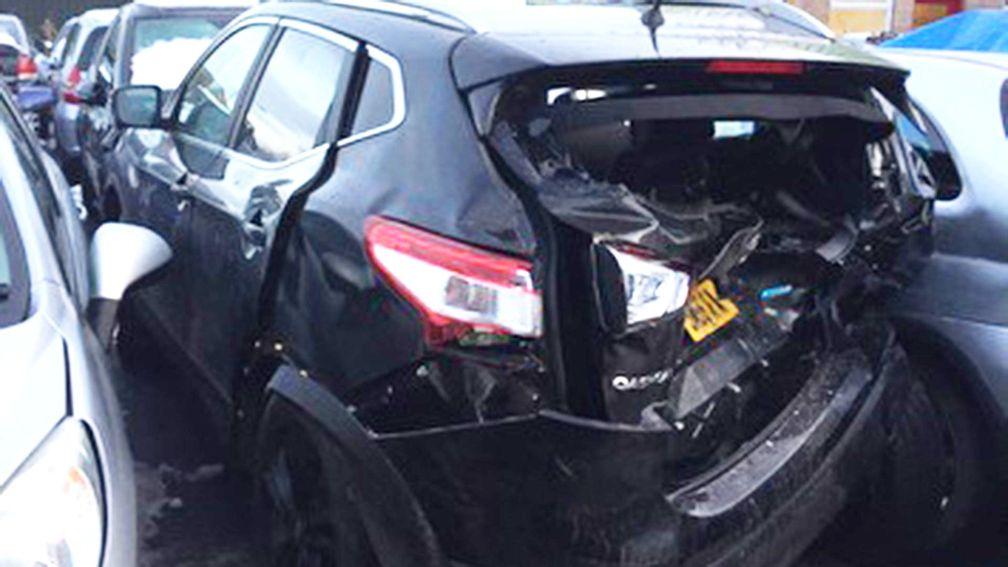 Racing presenter Rob Hogarth's car after it was hit by Will Young's Mercedes
