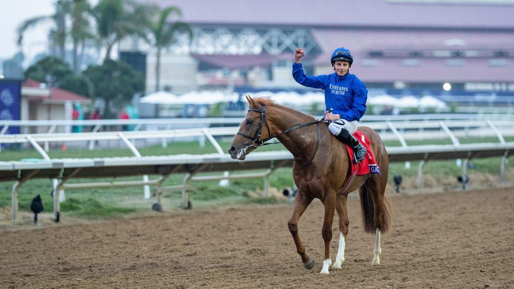 Modern Games (William Buick) returns to booing after winning the Juvenile TurfDel Mar 5.11.21 Pic: Edward Whitaker