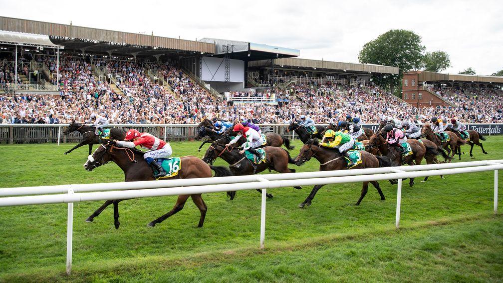 Near and far side have it between them as Pass The Vino (red jacket) and Moss Gill in the bet365 Handicap at Newmarket