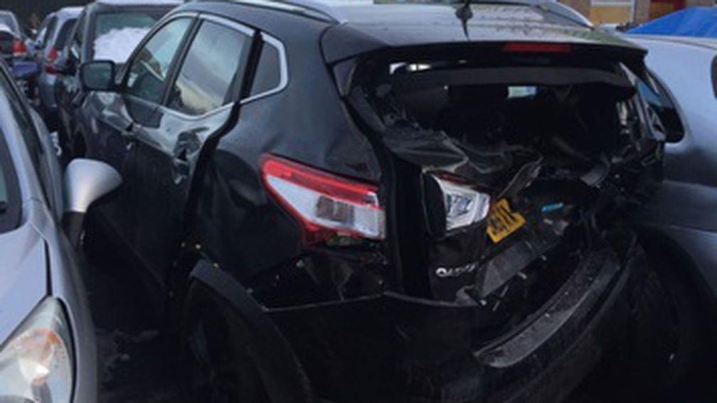 Presenter Robert Hogarth's car after it was hit by Will Young's Mercedes