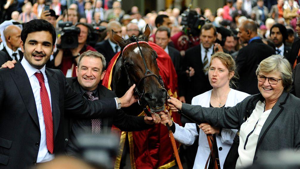Sheikh Joaan Al Thani (left) and Criquette Head (right) after Treve's first Arc triumph