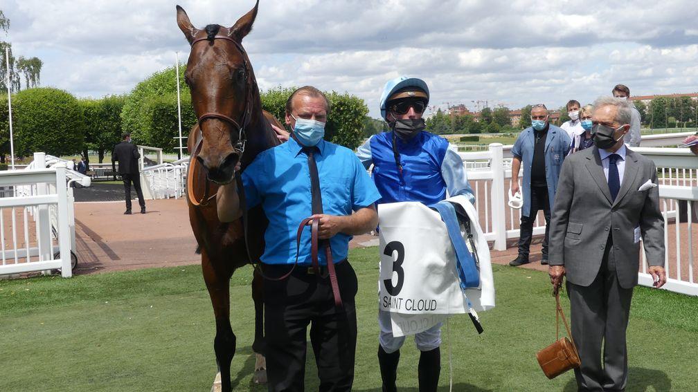 Persian King with Pierre-Charles Boudot and Andre Fabre after victory in the Prix du Muguet at Saint-Cloud