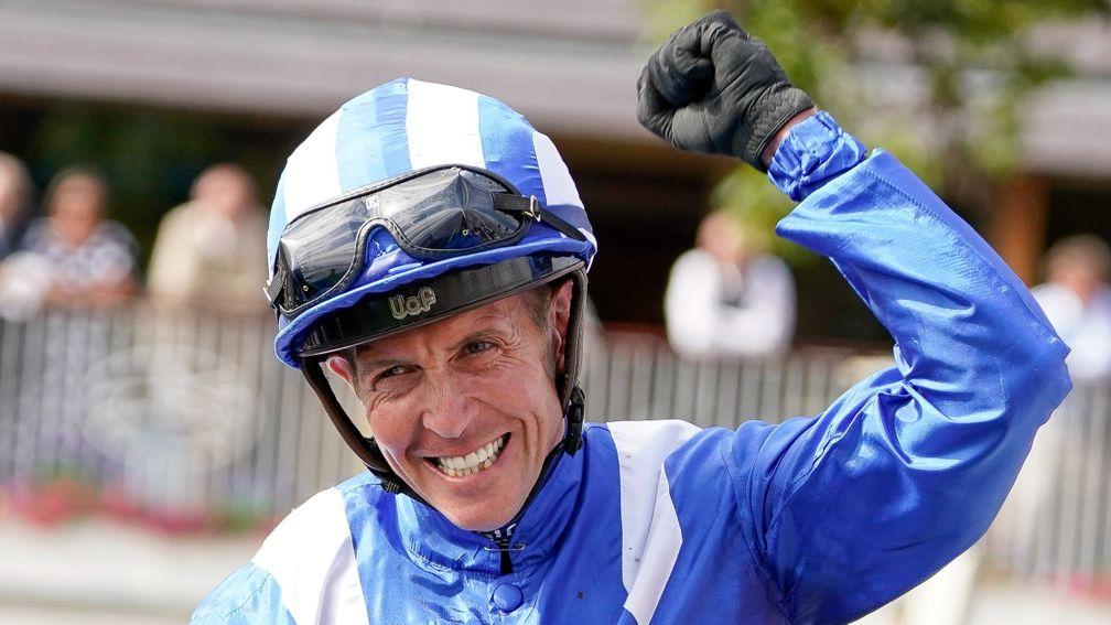 YORK, ENGLAND - AUGUST 17: Jim Crowley celebrates after riding Baaeed to win The Juddmonte International Stakes at York Racecourse on August 17, 2022 in York, England. (Photo by Alan Crowhurst/Getty Images)