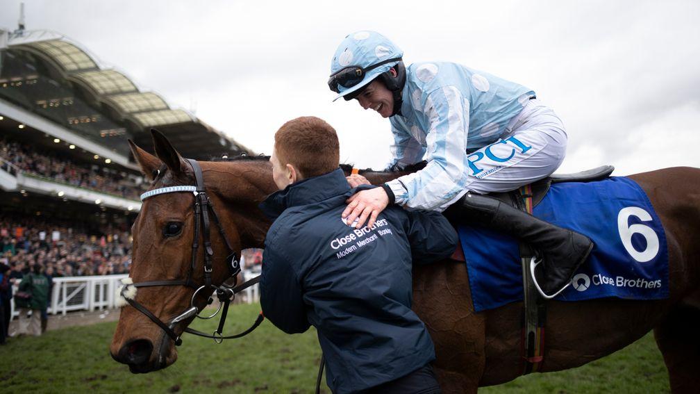 Rachael Blackmore celebrates with groom Colman Comerford after Honeysuckle's win in the Mares' Hurdle