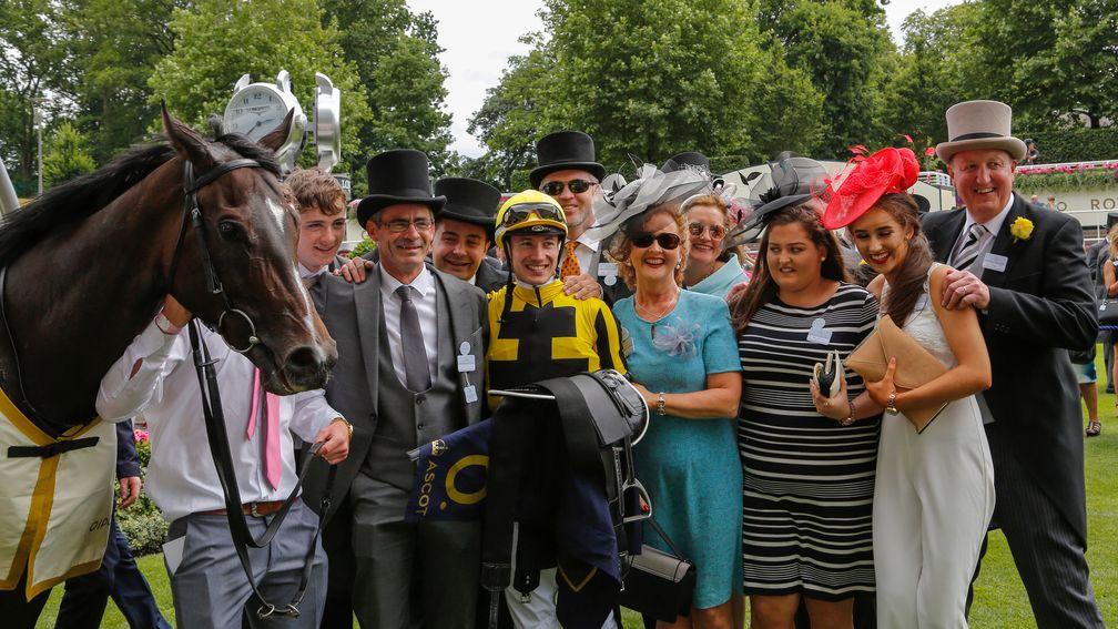 Matthieu Palussiere (second left, black top hat) with Different League after winning the 2017 Albany Stakes at Royal Ascot