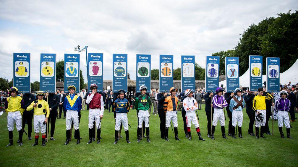 Jockeys line up before the July Cup